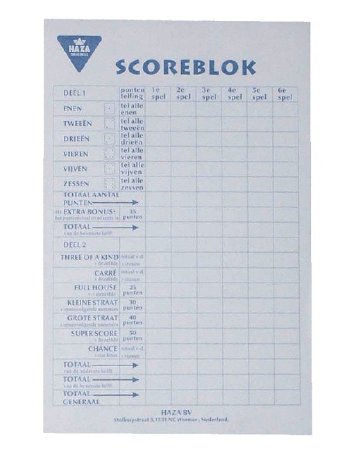 Scoreblok Yahtzee